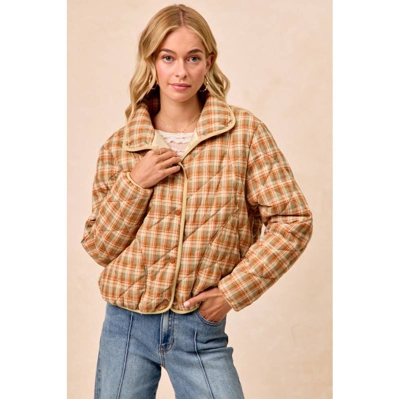 Vintage Plaid Piping Detail Quilted Jacket