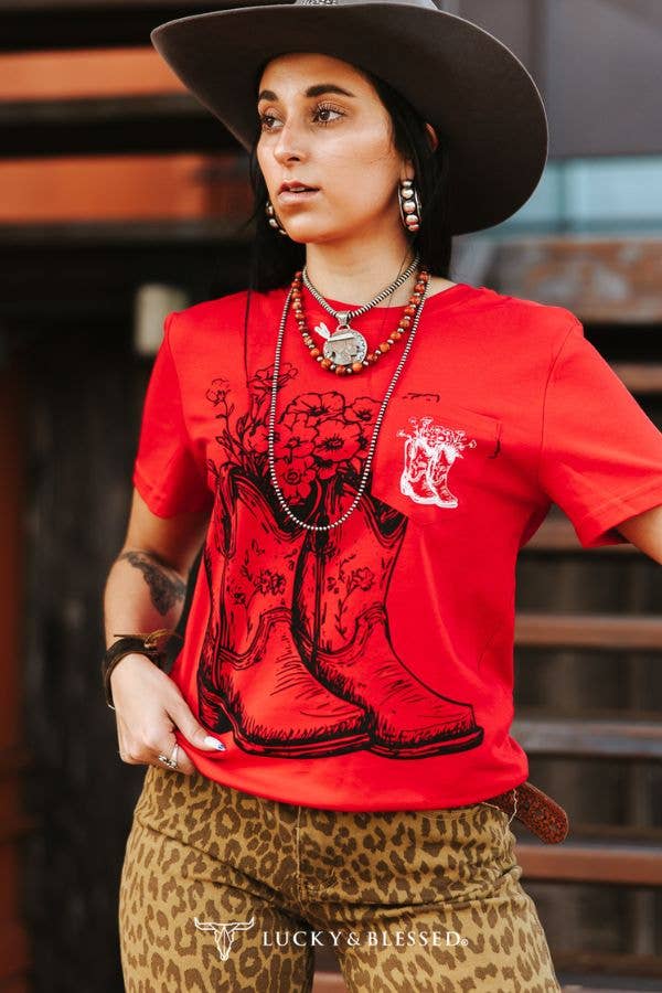 Red Western Cowboy Boots Printed Pocket Short Sleeve Top