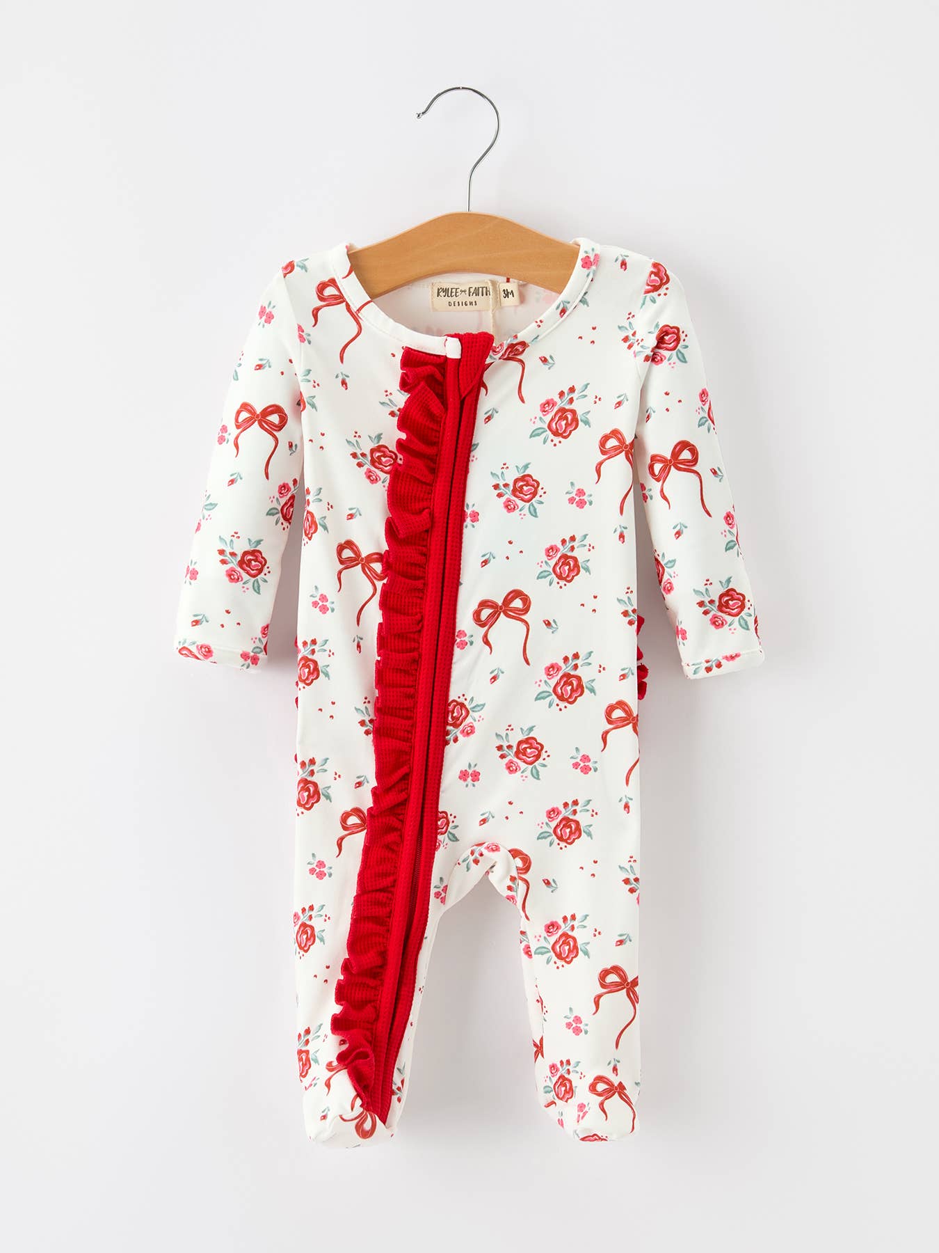 Baby Girls Red Bow Floral Ruffle Zip Romper