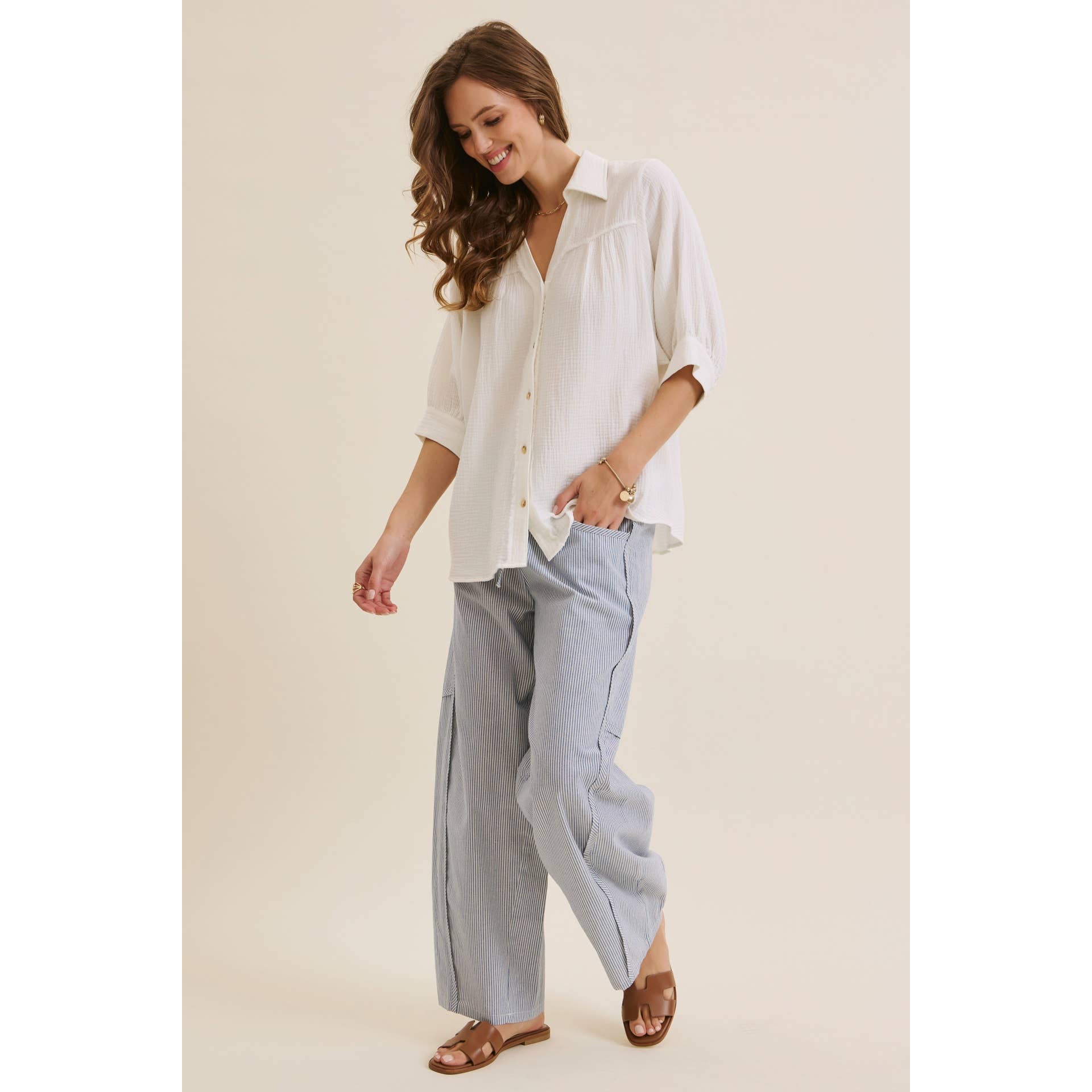 ALL ABOUT COMFORT ELASTIC STRIPE COTTON BARREL PANTS