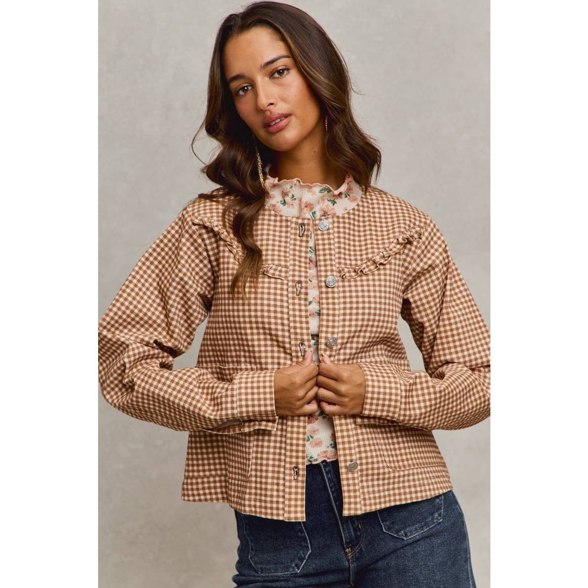 Mini Checkered Button Down Ruffled Jacket