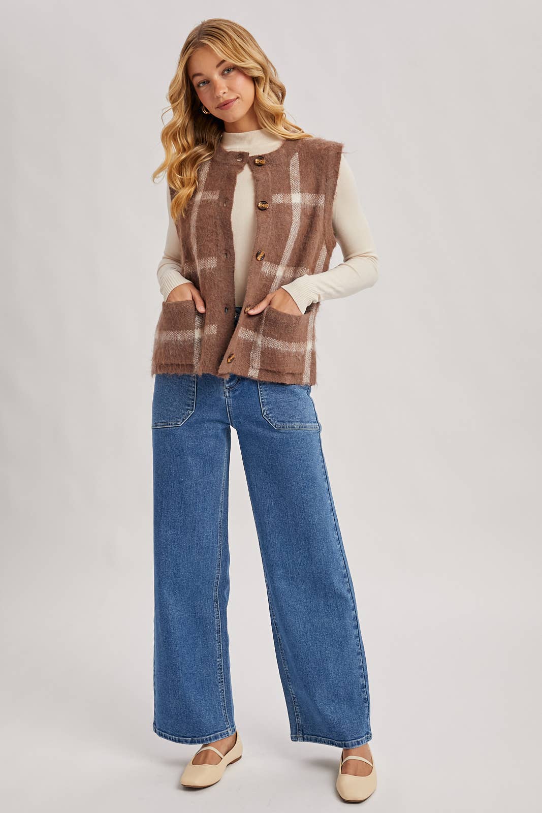 BUTTON DOWN PLAID FUZZY KNIT SWEATER VEST