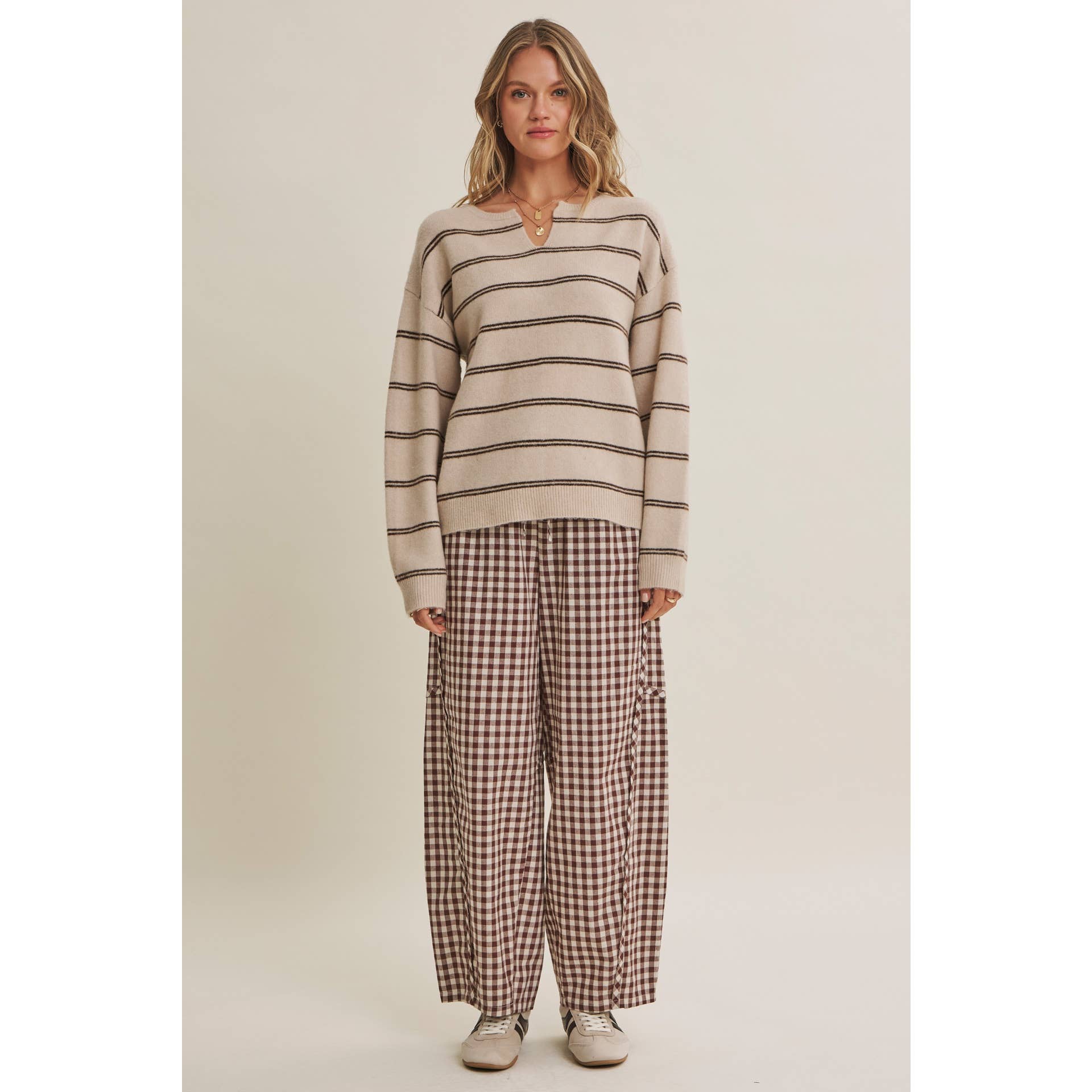 GINGHAM COTTON BARREL PANTS