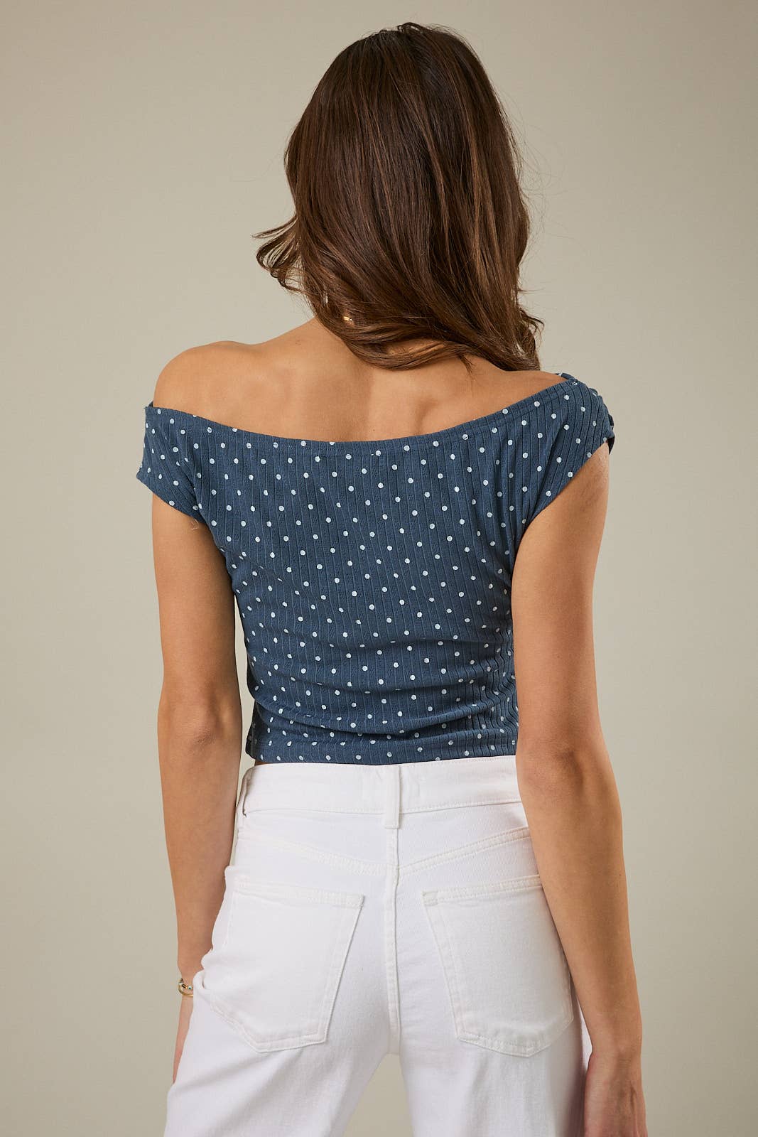 SLOUCHY SHOULDER SLEEVELESS POLKA DOT RIB TOP
