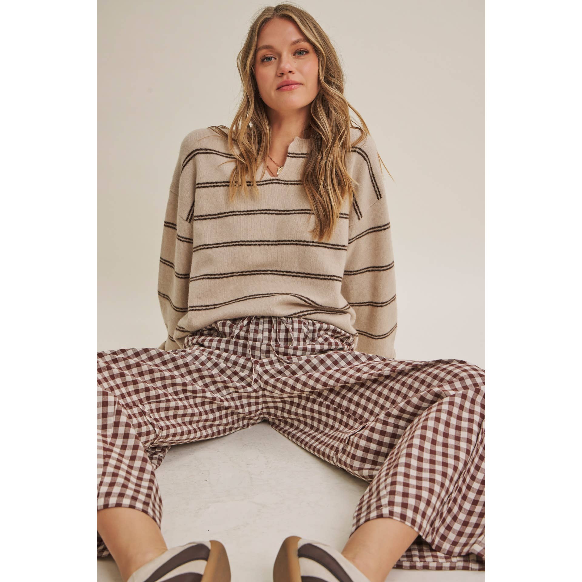 GINGHAM COTTON BARREL PANTS