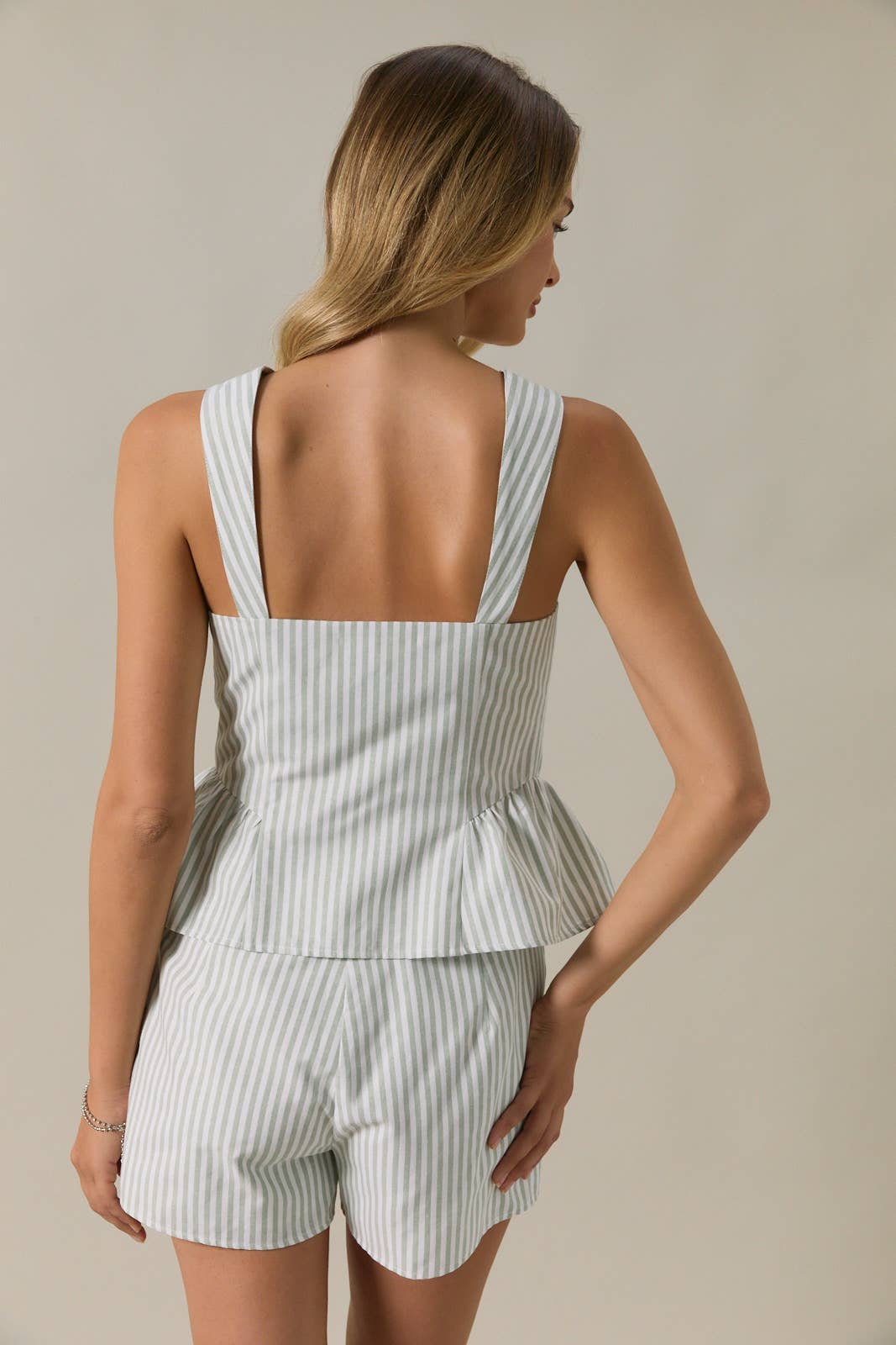 BUTTON DOWN PEPLUM STRIPE TOP & HIGH RISE STRIPE SHORTS