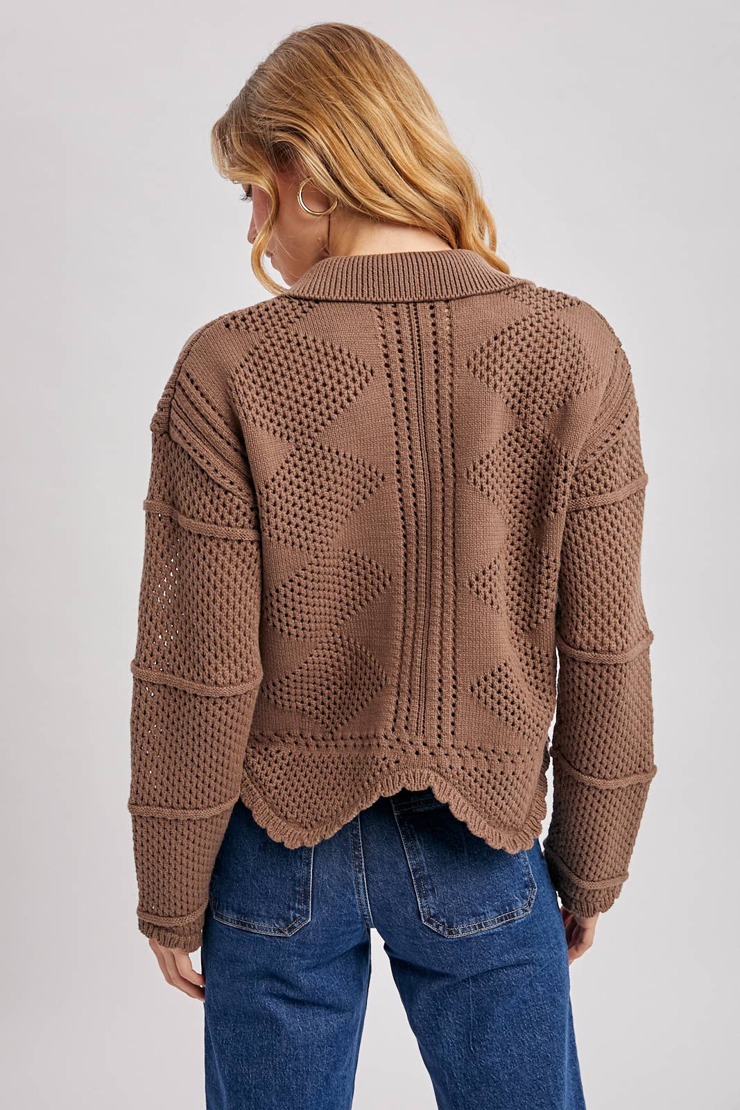 BUTTON DOWN SCALLOPED HEM CROCHET KNIT CARDIGAN