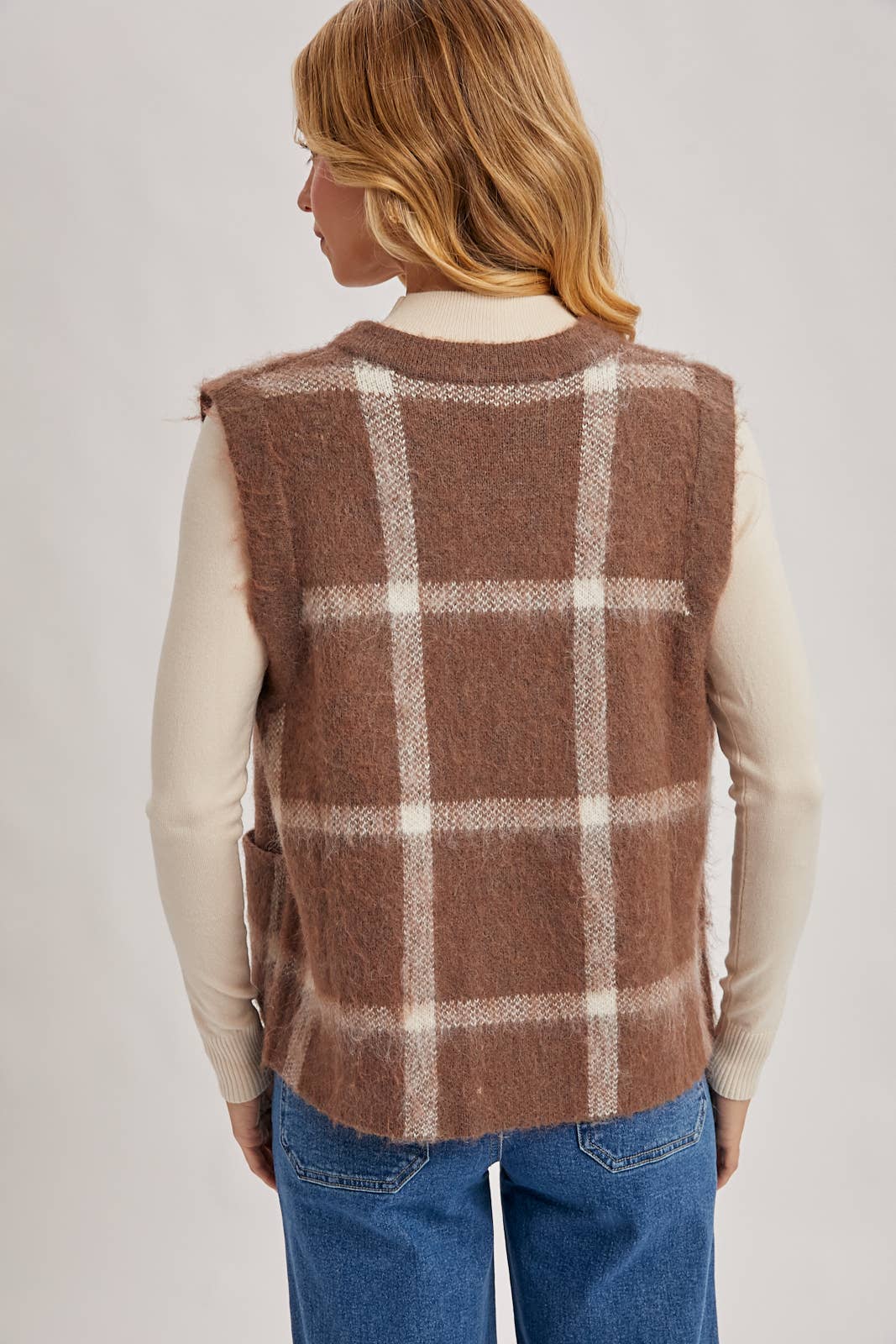BUTTON DOWN PLAID FUZZY KNIT SWEATER VEST