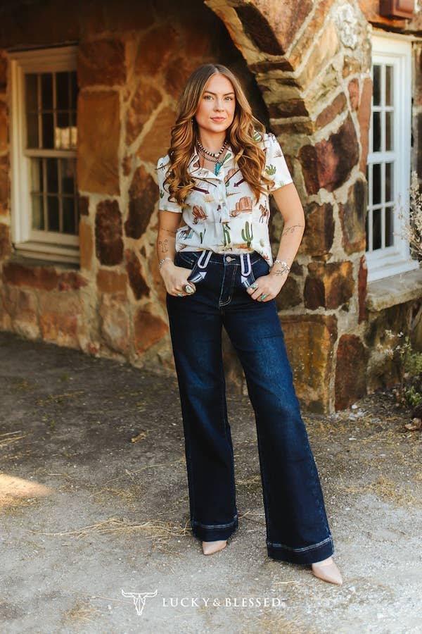 Dark Wash Stretch Denim Western Wide Leg Jeans (32in)