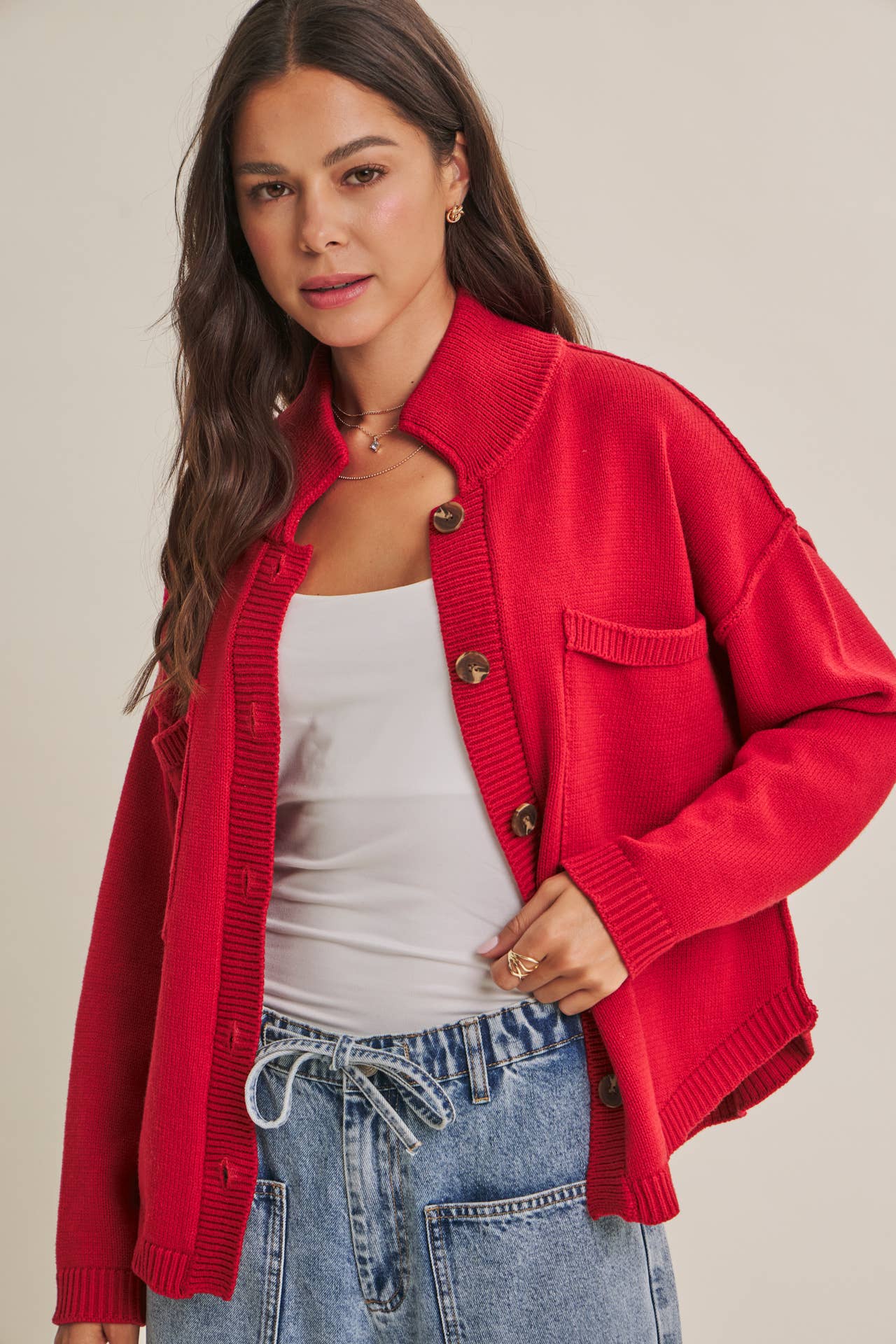 MINIMAL DAY OVERSIZED HIGH NECK SWEATER JACKET WITH POCKETS
