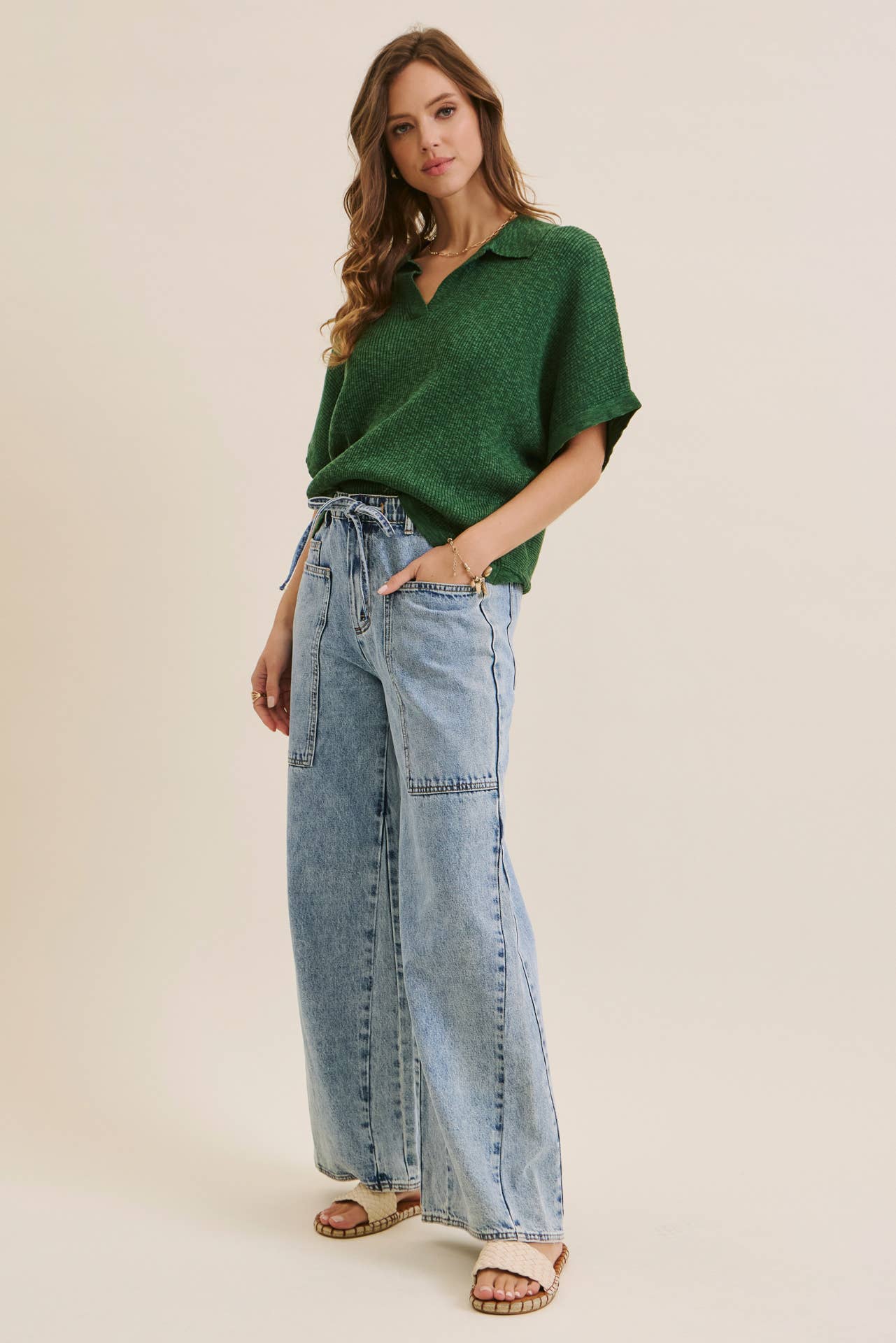 EASE AND GRACE DENIM WASHED OVERSIZED WIDE-LEG JEANS