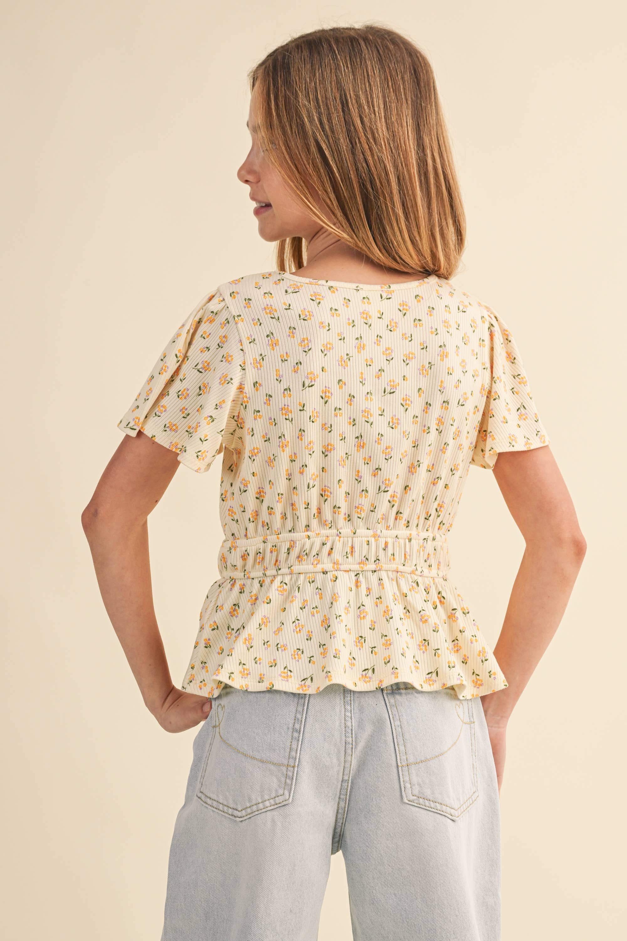 TWEEN KIDS GIRLS ROUND NECK FLUTTER SLV PEPLUM TOP (7-14)