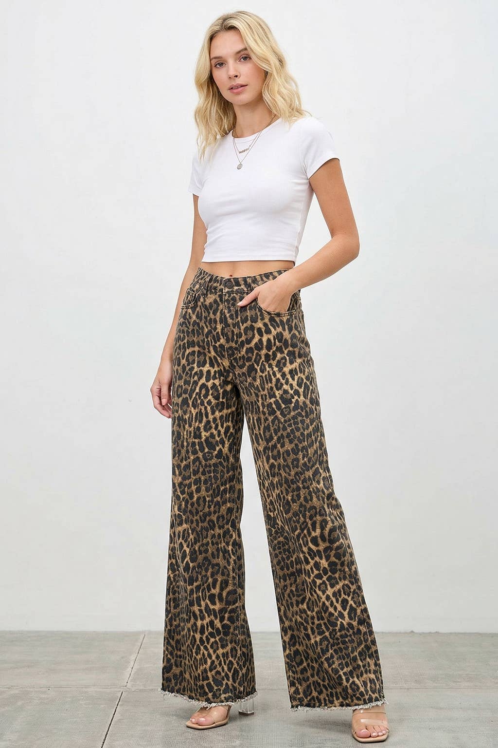 HIGH RISE WIDE LEG LEOPARD JEANS