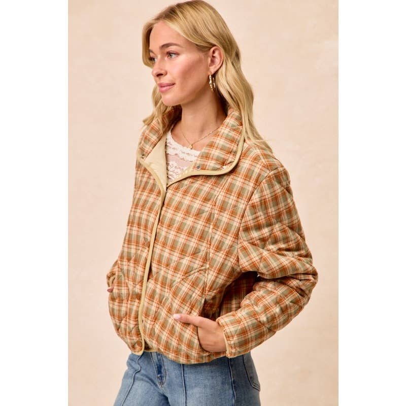 Vintage Plaid Piping Detail Quilted Jacket