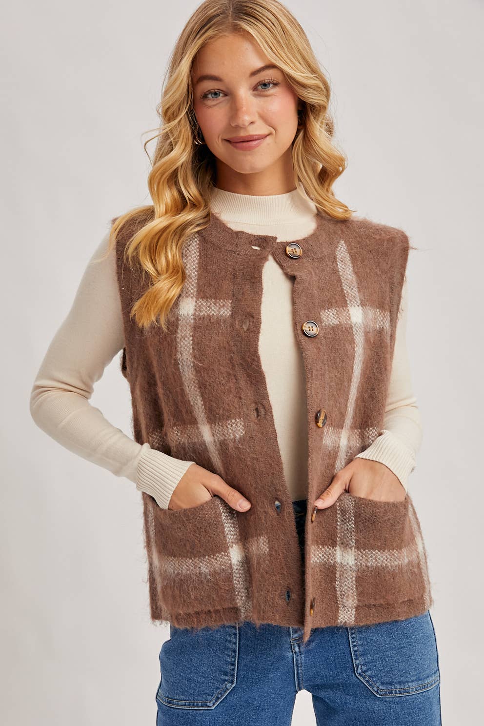 BUTTON DOWN PLAID FUZZY KNIT SWEATER VEST