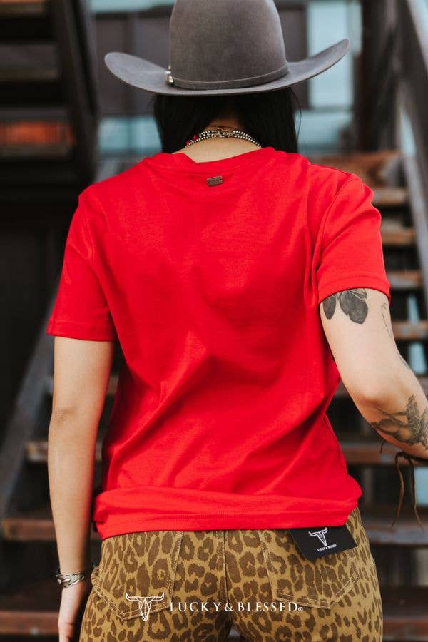 Red Western Cowboy Boots Printed Pocket Short Sleeve Top