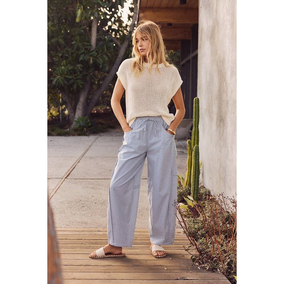 ALL ABOUT COMFORT ELASTIC STRIPE COTTON BARREL PANTS