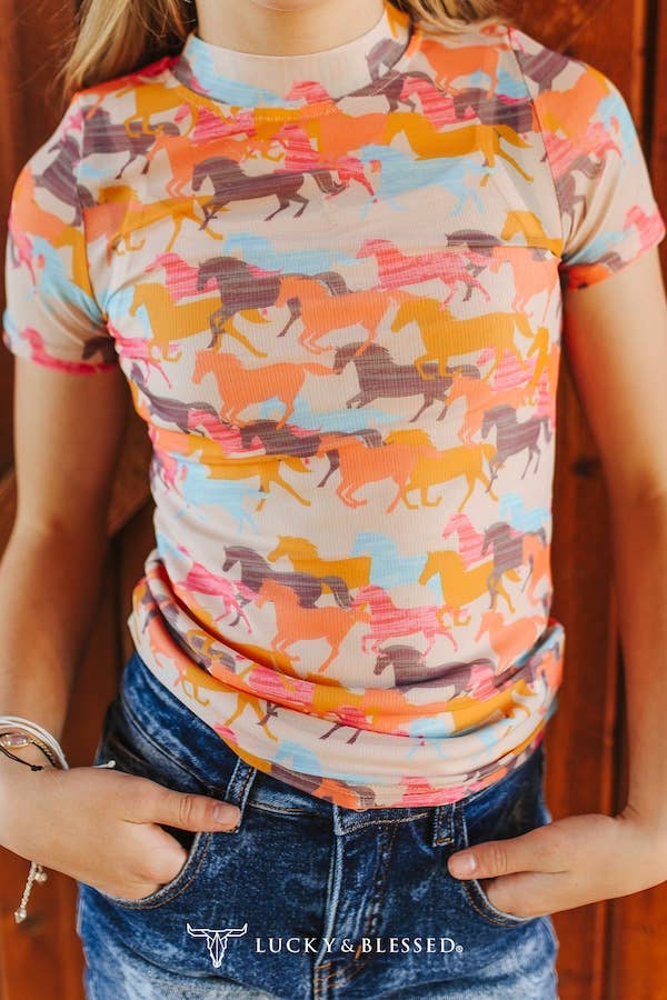 Girls Coral Horse Printed Short Sleeve Mesh Top