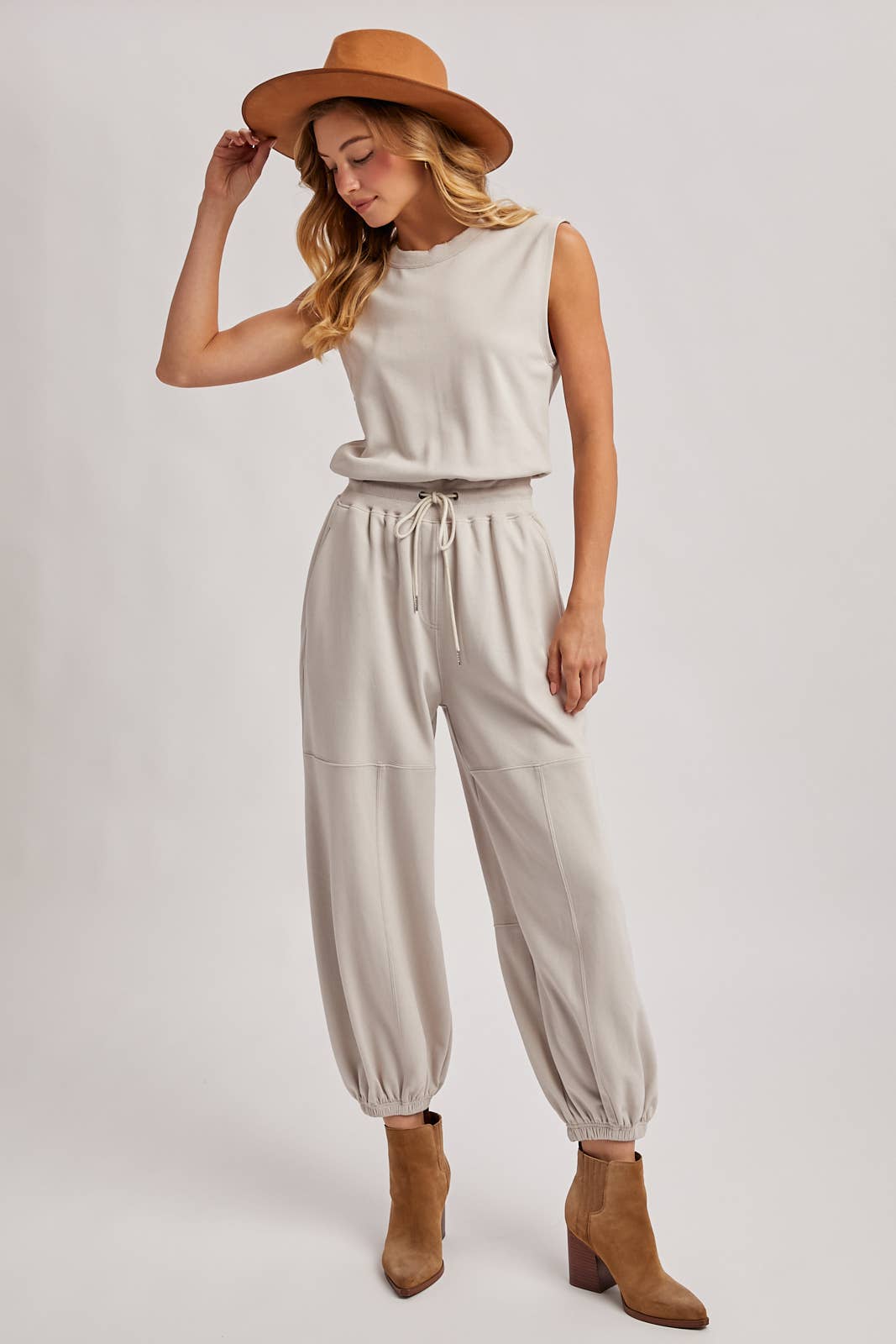 DRAWSTRING WAIST SLEEVELESS KNIT ACTIVE JUMPSUIT