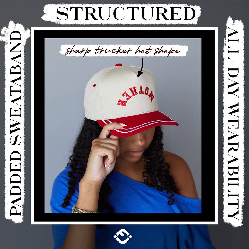 Embroidered Brim Trucker Hat - Mother (Upside Down) - Red