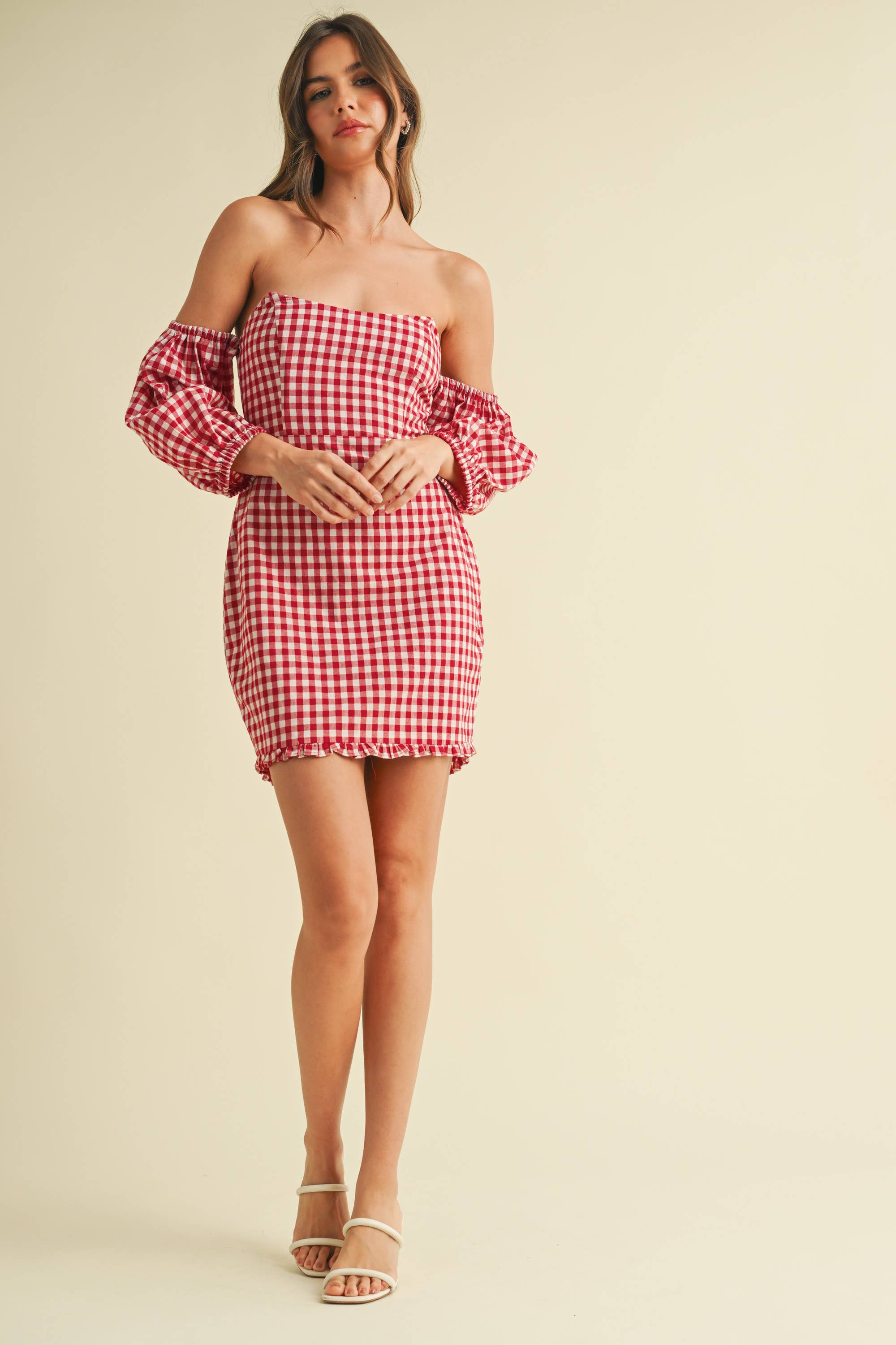GINGHAM OFF THE SHOULDER PUFF SLEEVE MINI DRESS