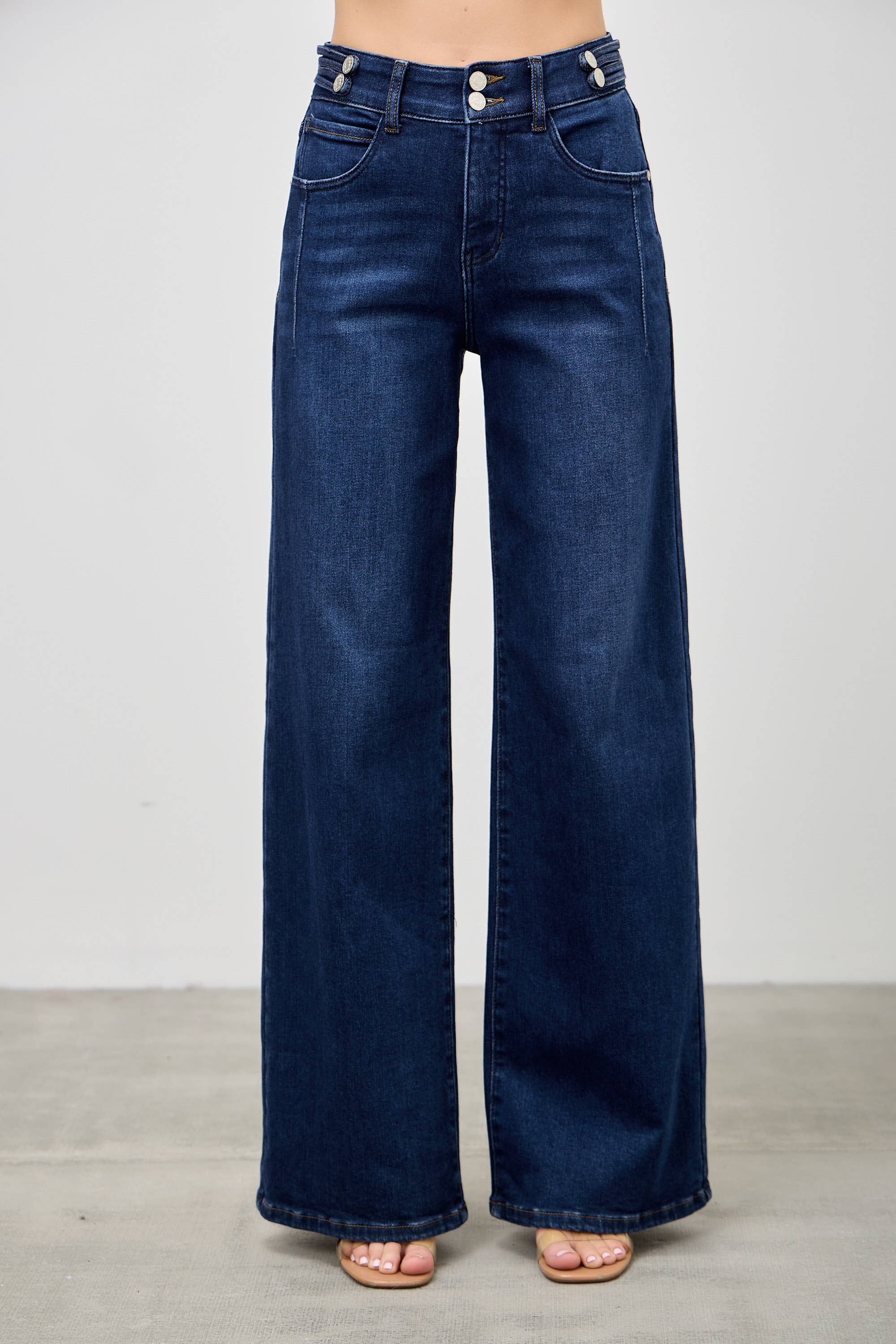 HIGH RISE WIDE LEG JEAN WITH DOUBLE BUTTONS