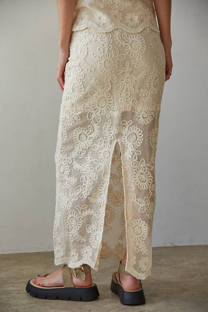 Woven Cotton Floral Lace Work Midi Skirt
