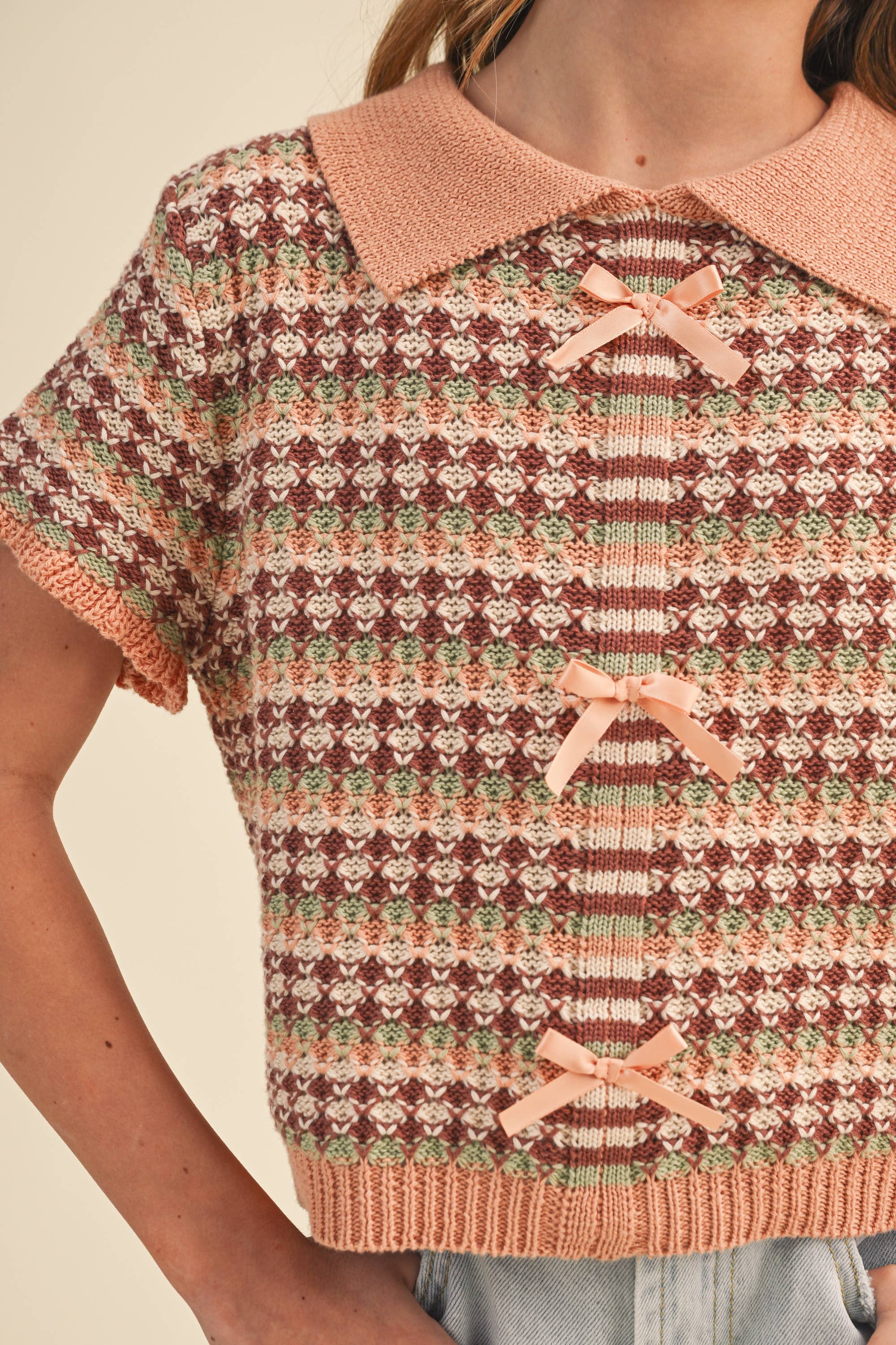 TWEEN KIDS GIRLS COLLARED CROP KNIT TOP (7-14)