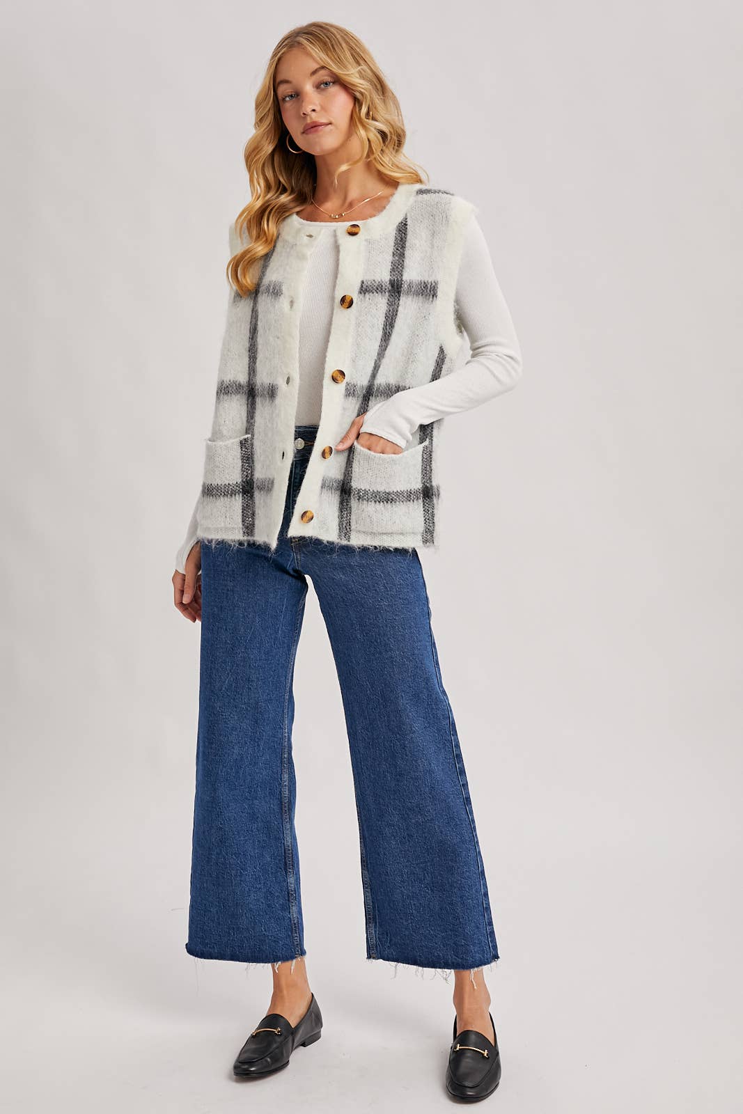 BUTTON DOWN PLAID FUZZY KNIT SWEATER VEST