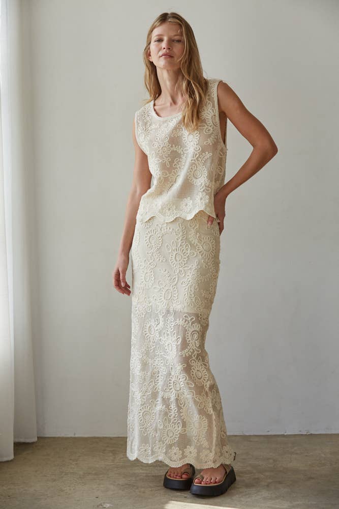 Woven Cotton Floral Lace Work Midi Skirt