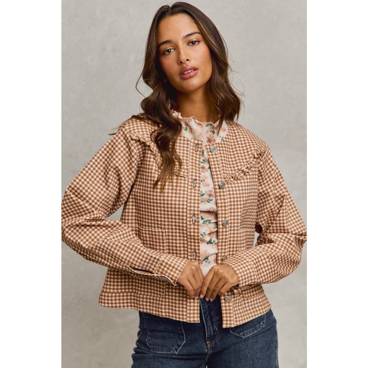 Mini Checkered Button Down Ruffled Jacket