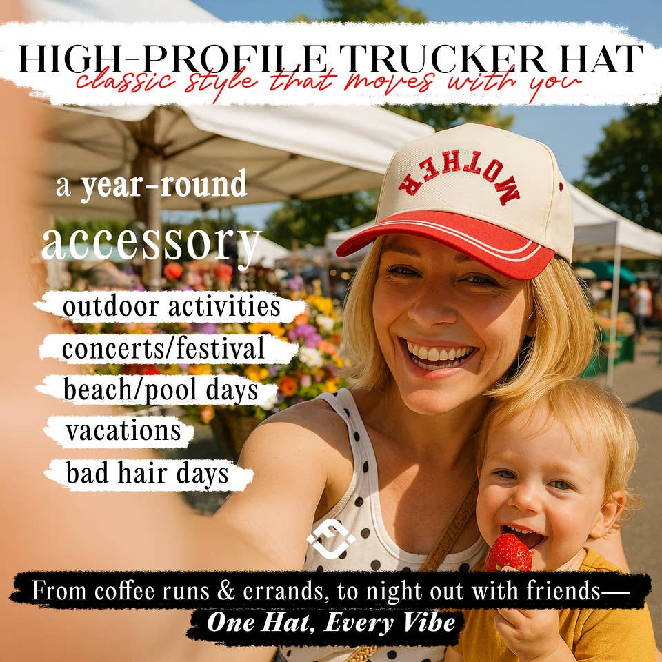 Embroidered Brim Trucker Hat - Mother (Upside Down) - Red
