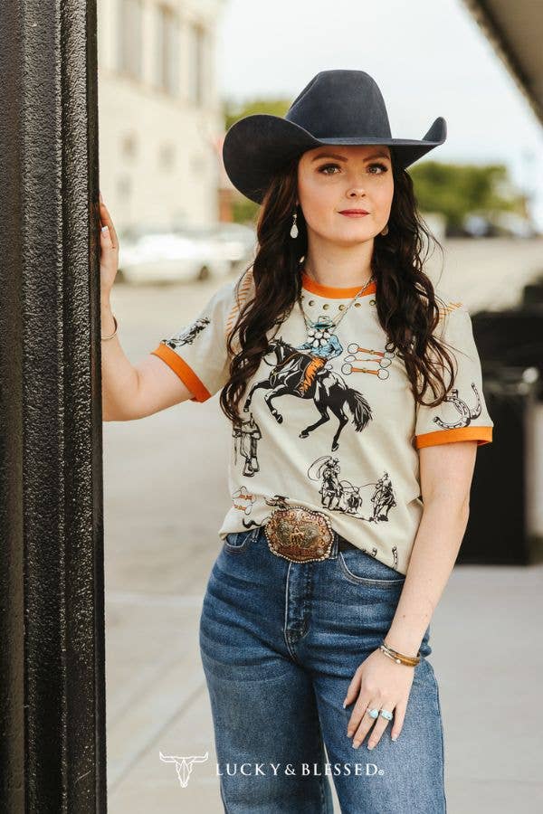 Beige Camel Contrast Hem Studded Western Printed Shirt