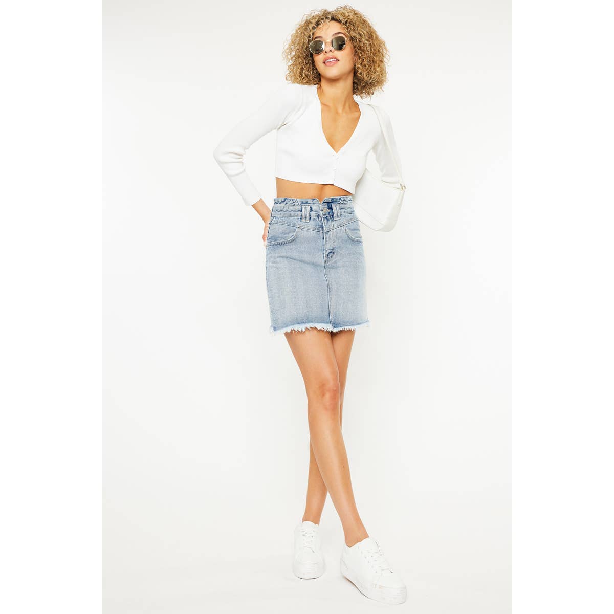 HIGH RISE FRAYED HEM DENIM SKIRT