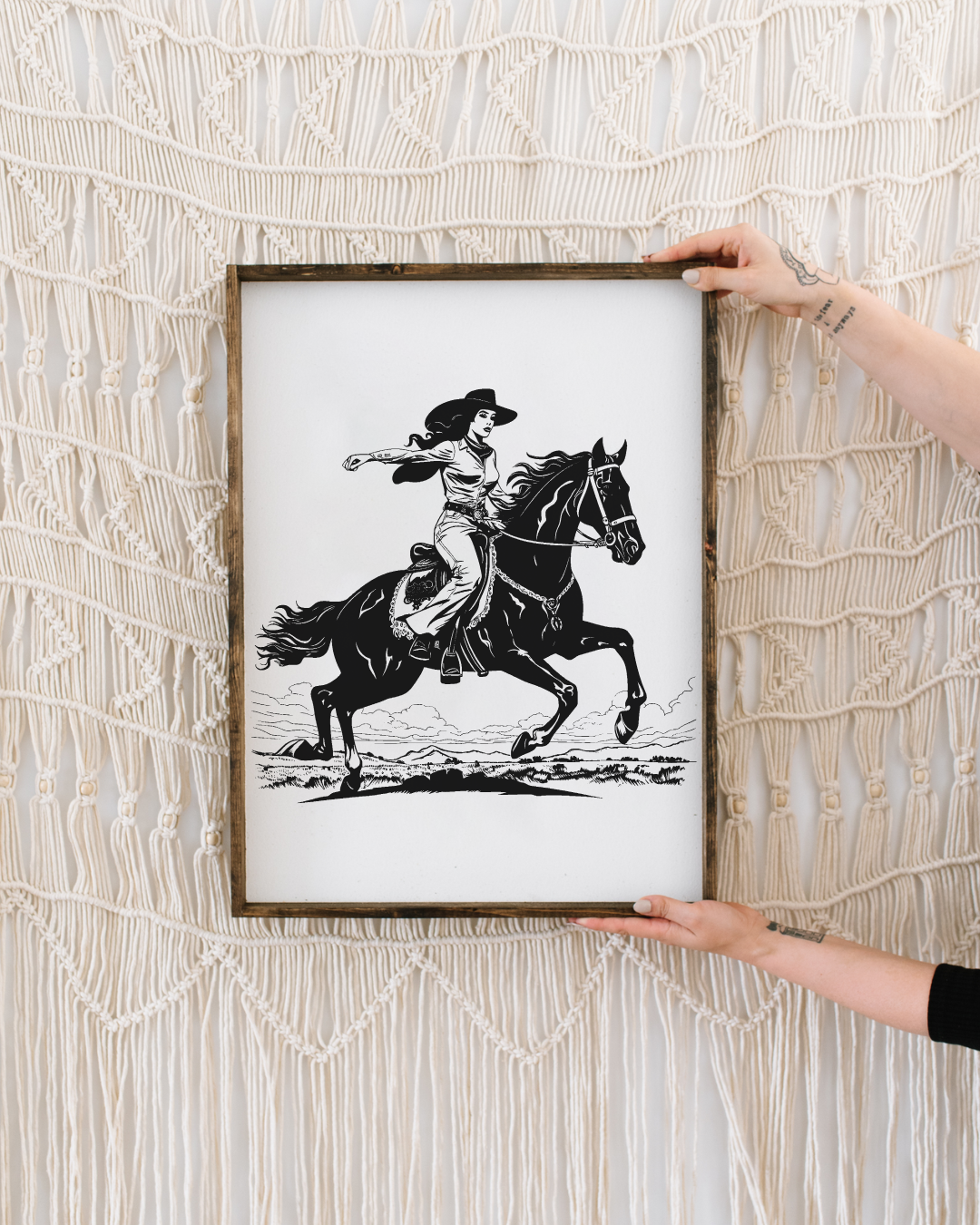 24" x 36" Vintage Cowgirl Framed Print - Handmade Western Wall Art