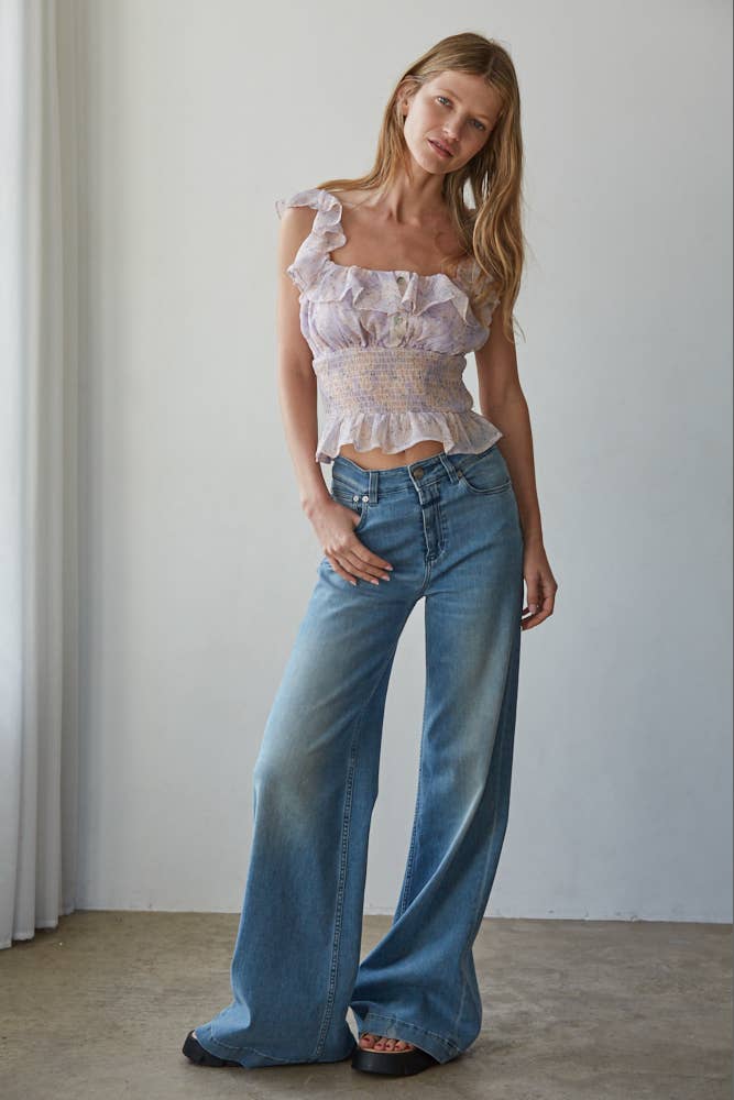 Woven Polyester Chiffon Floral Print Smocked Top