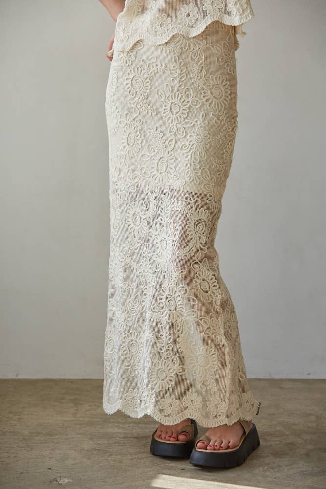 Woven Cotton Floral Lace Work Midi Skirt