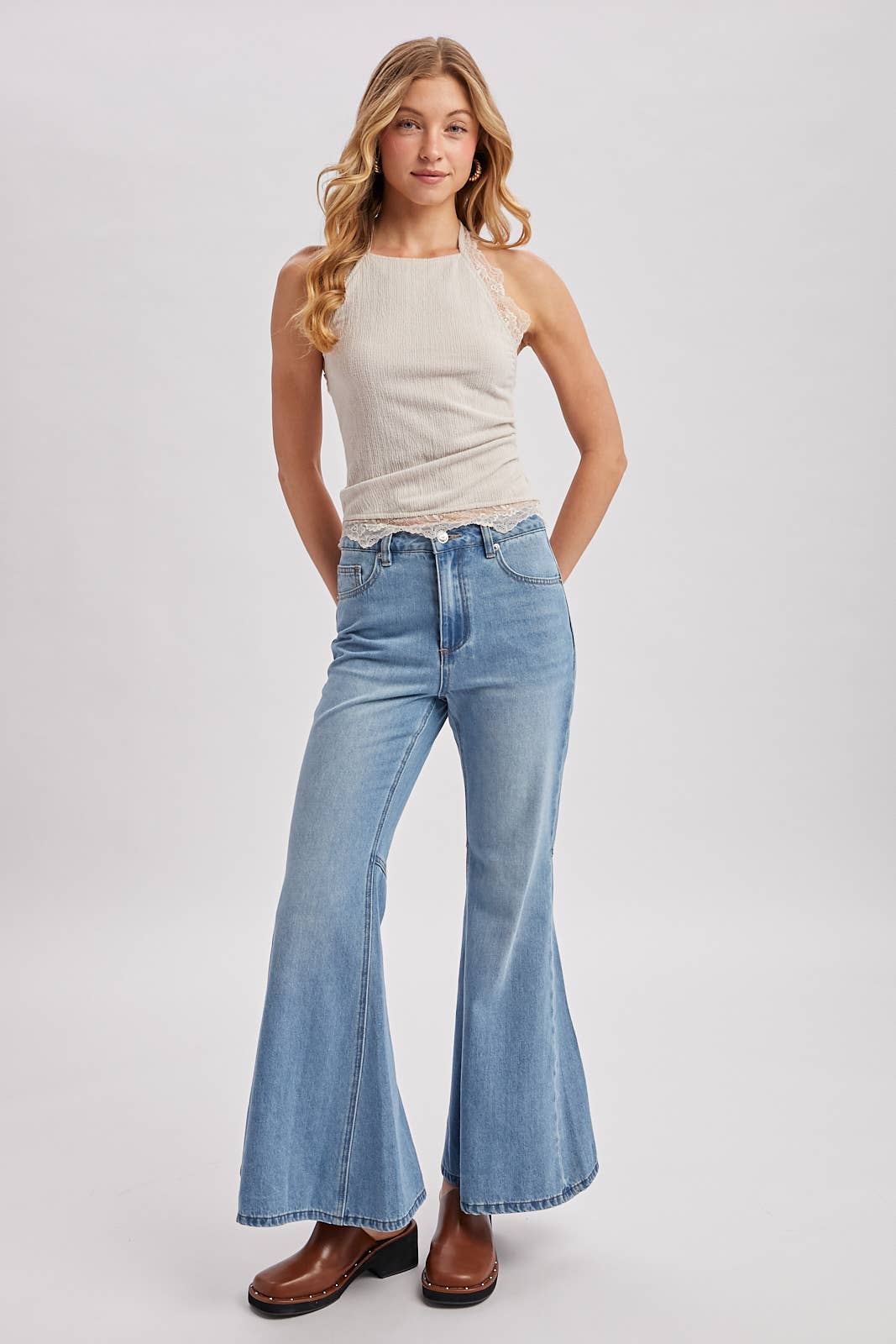 TEXTURED LACE TRIMMED HALTER TOP