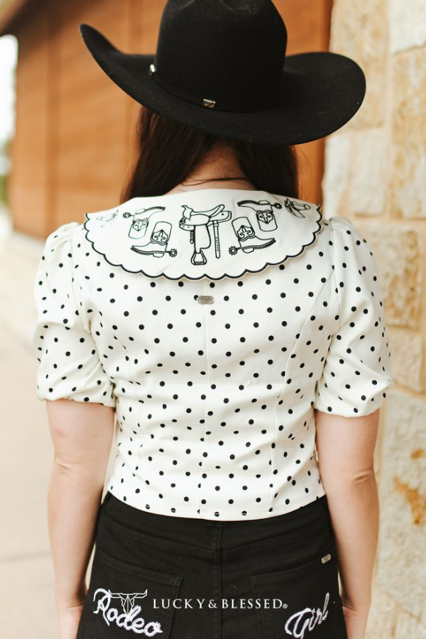 Ivory Polka Dot Puff Sleeve Blouse With Embroidered Collar