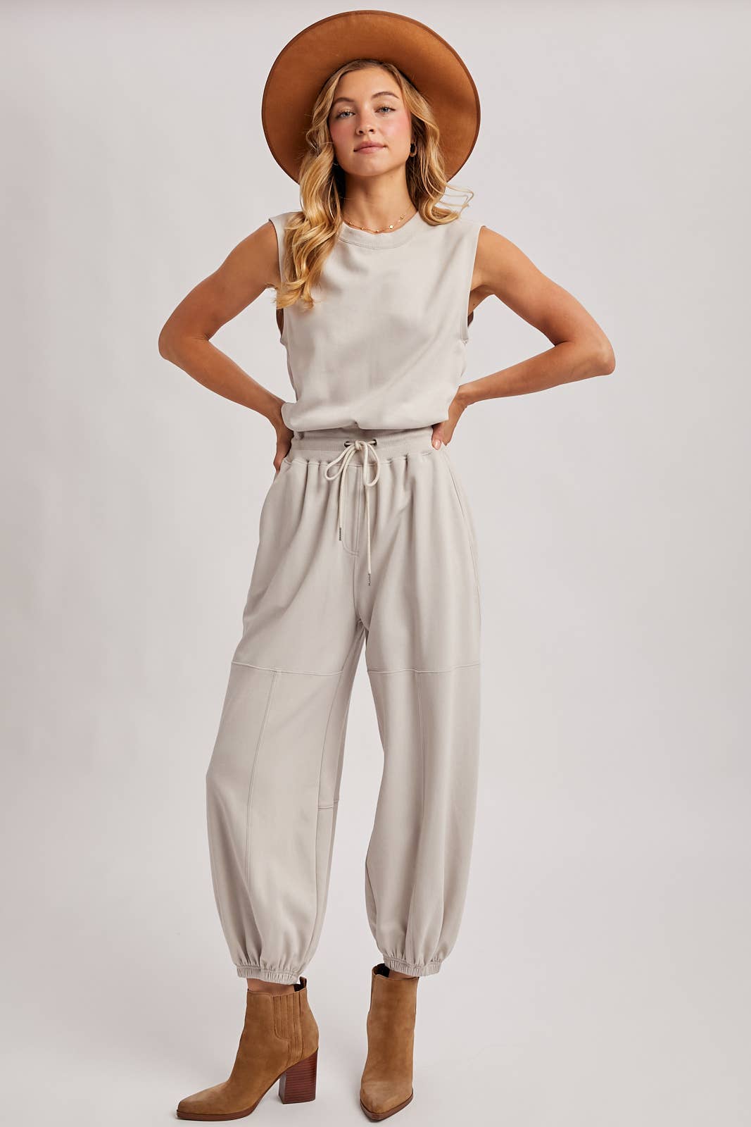 DRAWSTRING WAIST SLEEVELESS KNIT ACTIVE JUMPSUIT