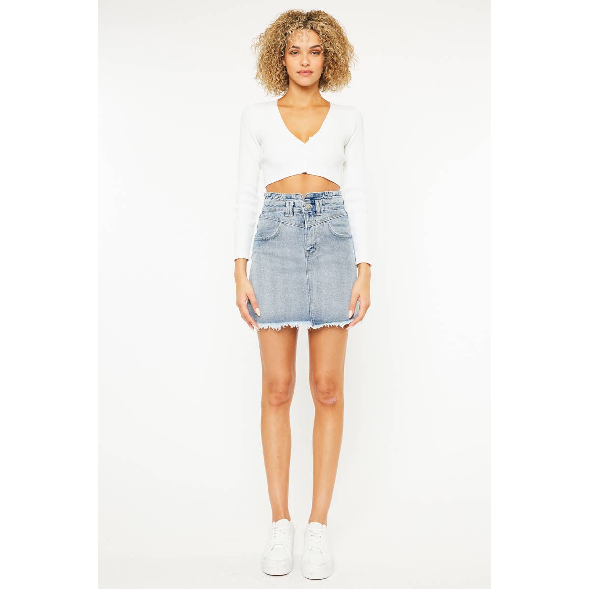 HIGH RISE FRAYED HEM DENIM SKIRT