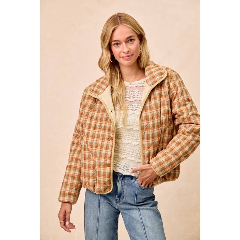 Vintage Plaid Piping Detail Quilted Jacket