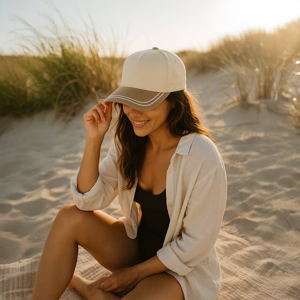 Embroidered Brim Two Tone Trucker Hat - Khaki/Beige