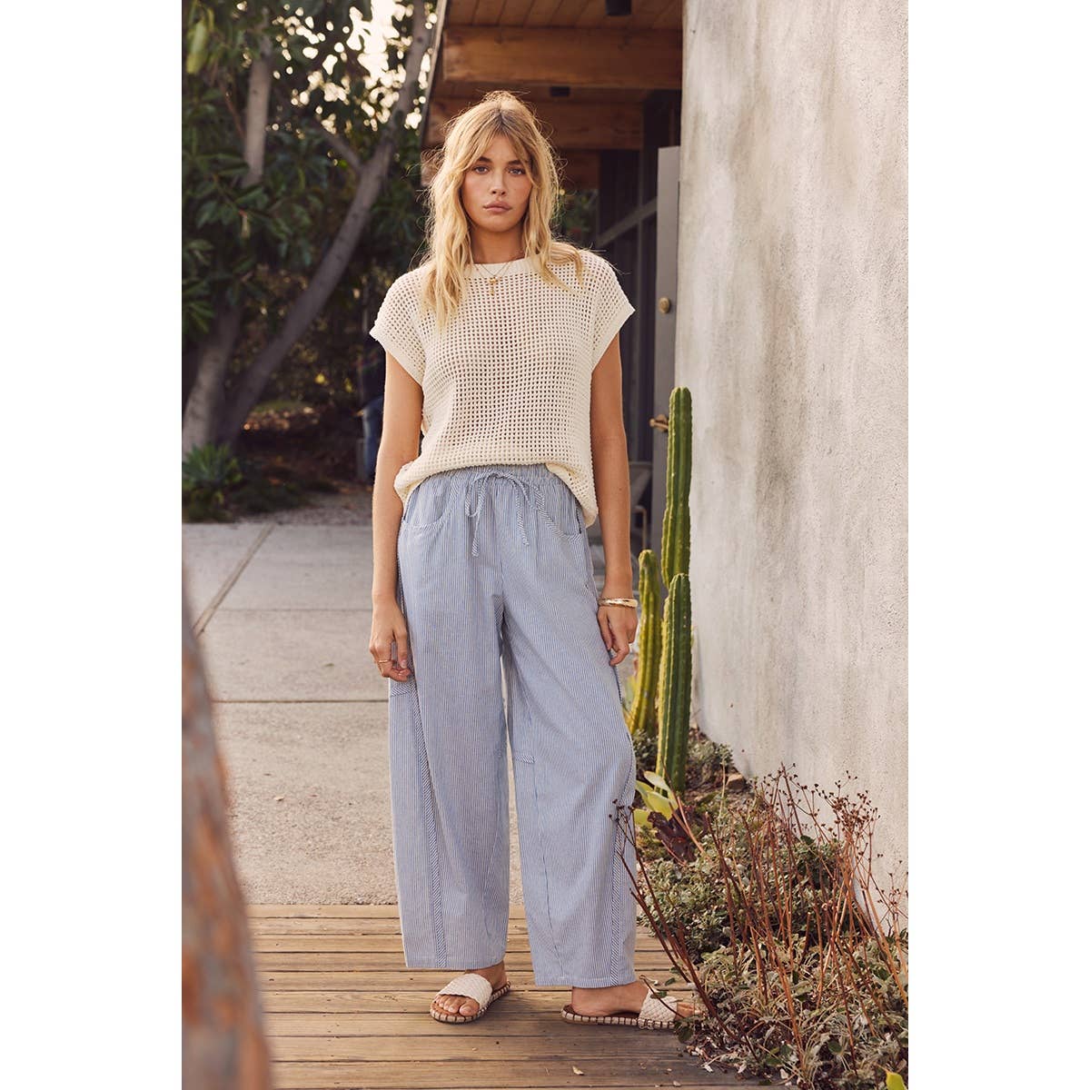 ALL ABOUT COMFORT ELASTIC STRIPE COTTON BARREL PANTS