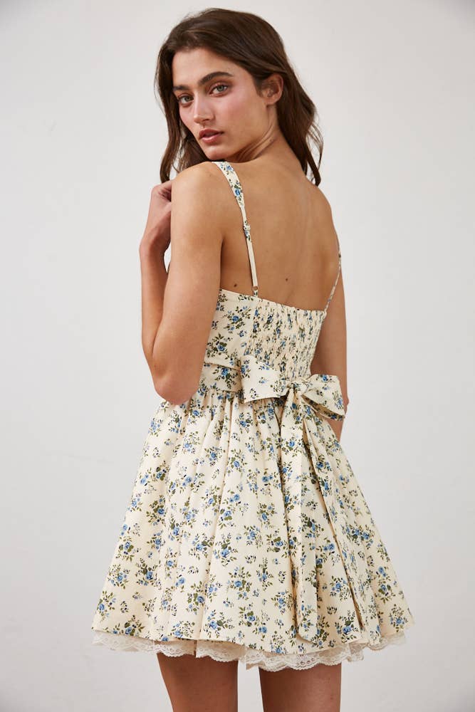Floral Cotton Corset Lace Ruffle Mini Dress
