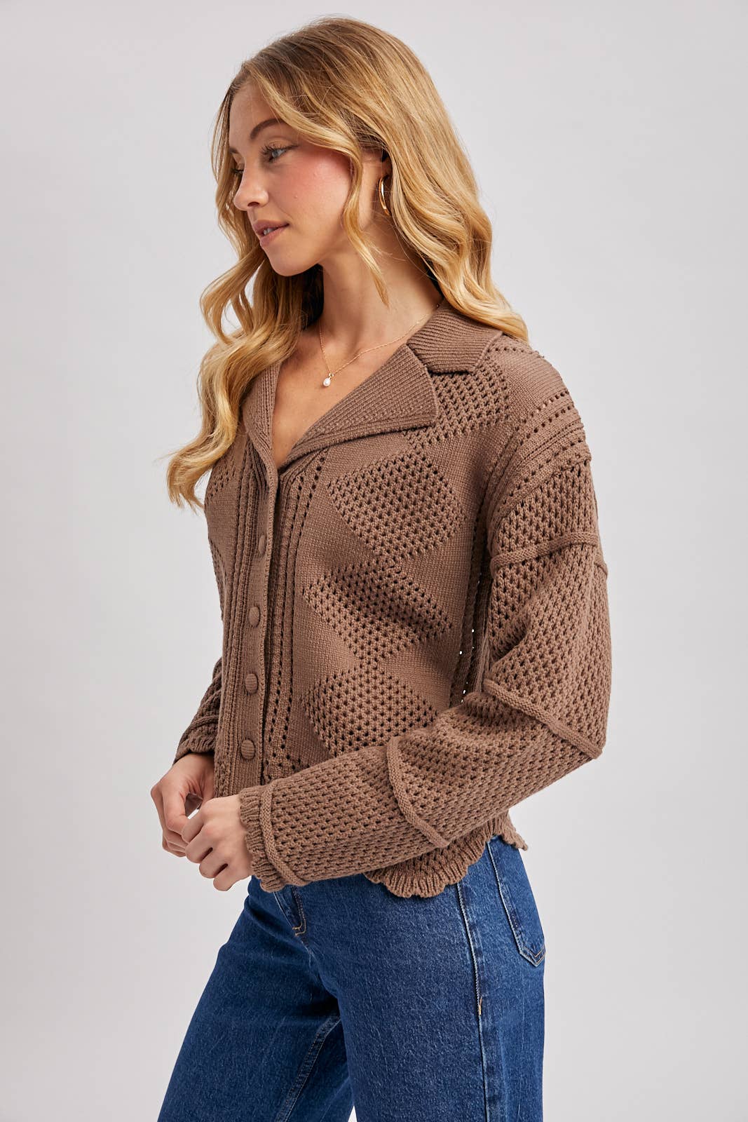 BUTTON DOWN SCALLOPED HEM CROCHET KNIT CARDIGAN