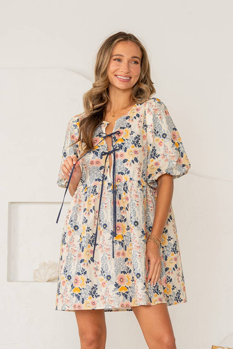 Relaxed Fit Floral Lace Up Puff Sleeves Dress