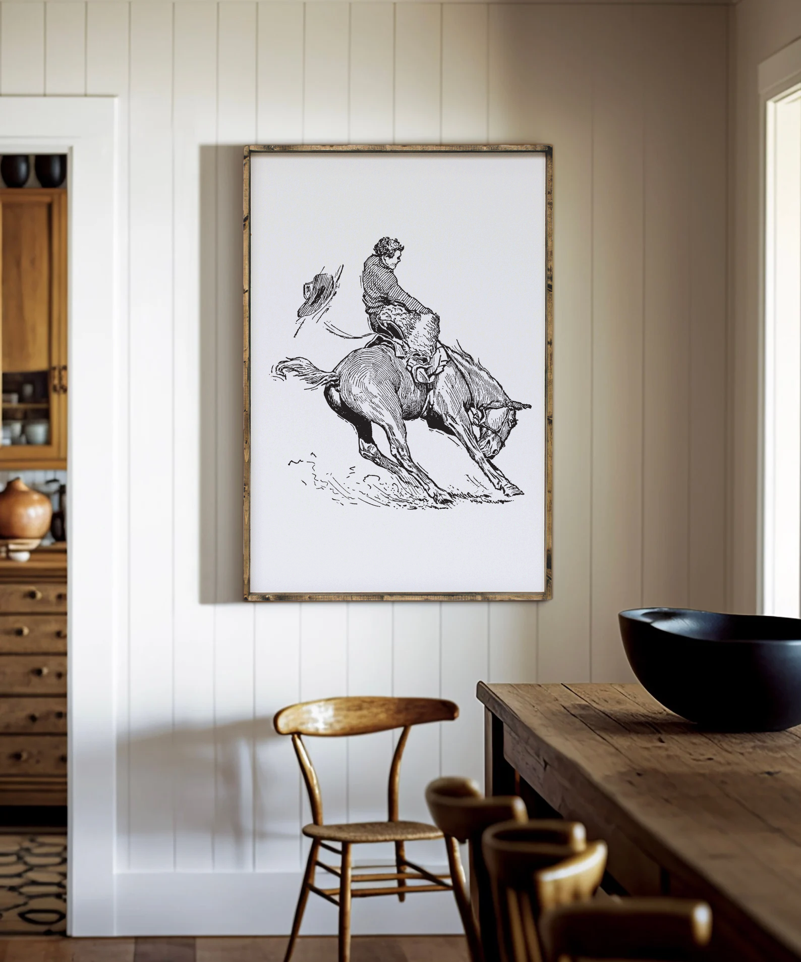 Bucking Bronco Framed Print – Western Decor Cowboy Line Art