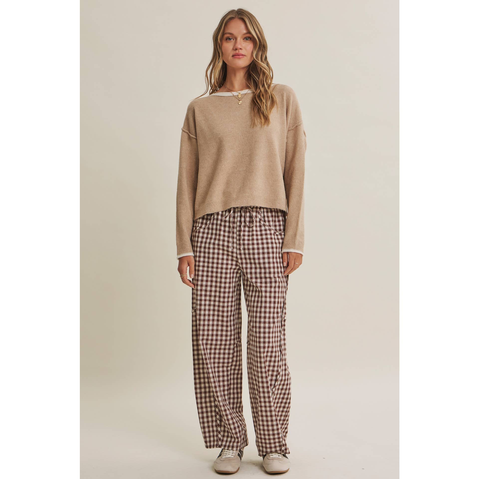 GINGHAM COTTON BARREL PANTS