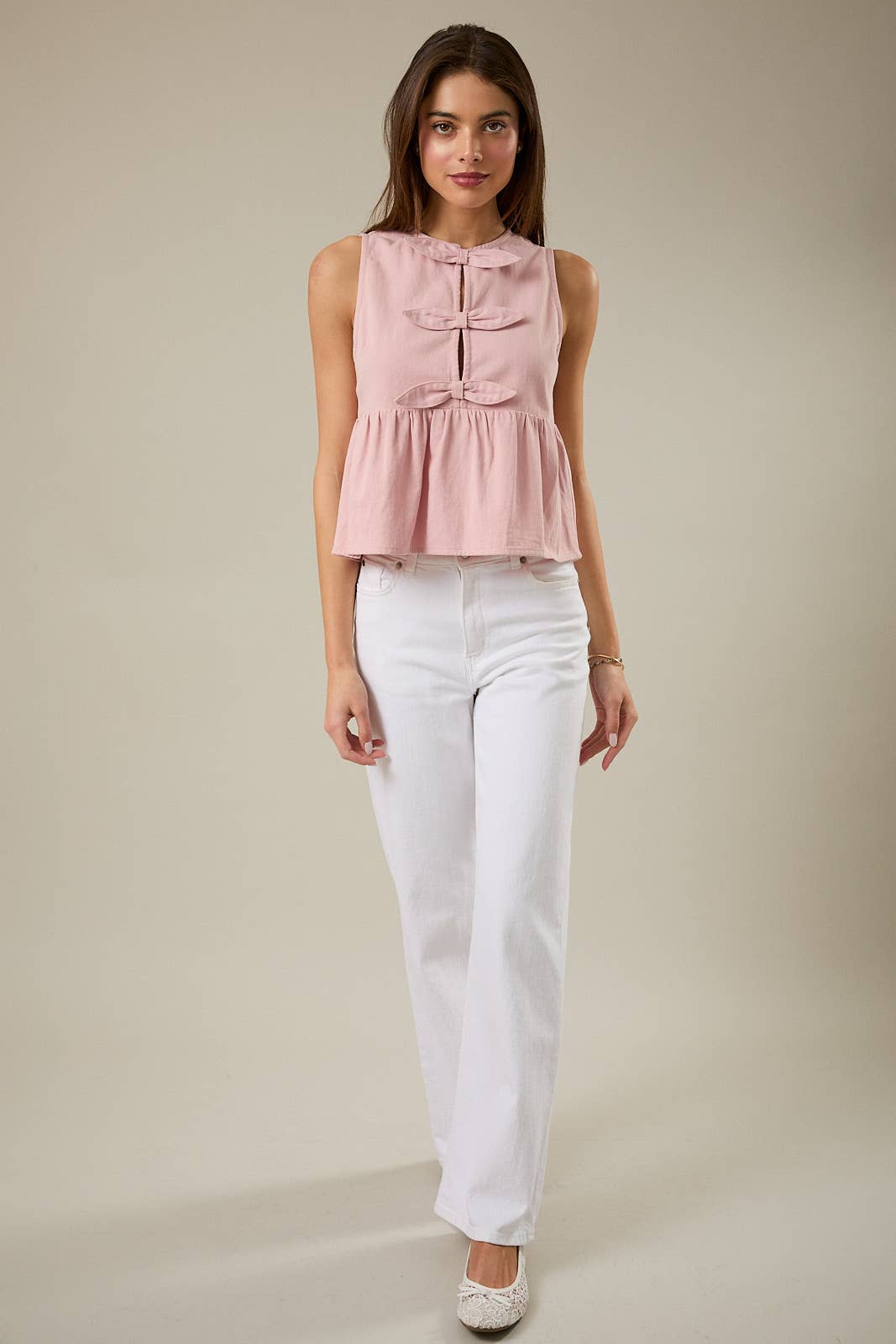 ROUND NECK SLEEVELESS FRONT BOWS TWILL TOP